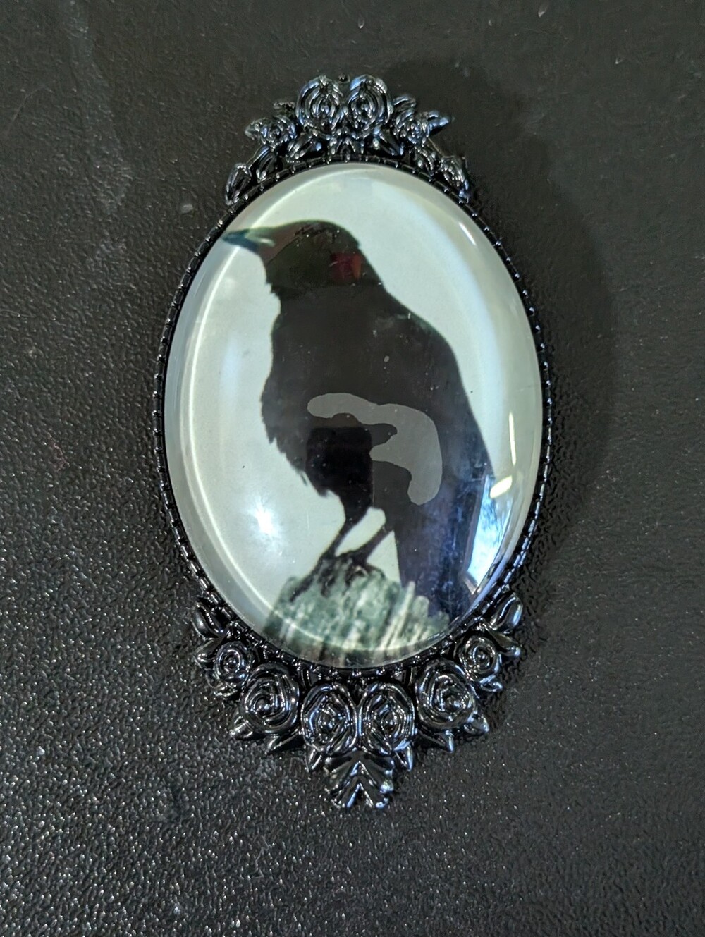 Gothic Raven Crow Brooch Black Rose Frame Glow in the Dark
